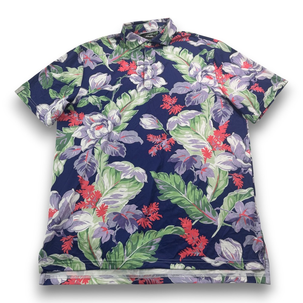 RLX Ralph Lauren Mens Tropical Floral Golf Polo Navy Blue Purple Size M